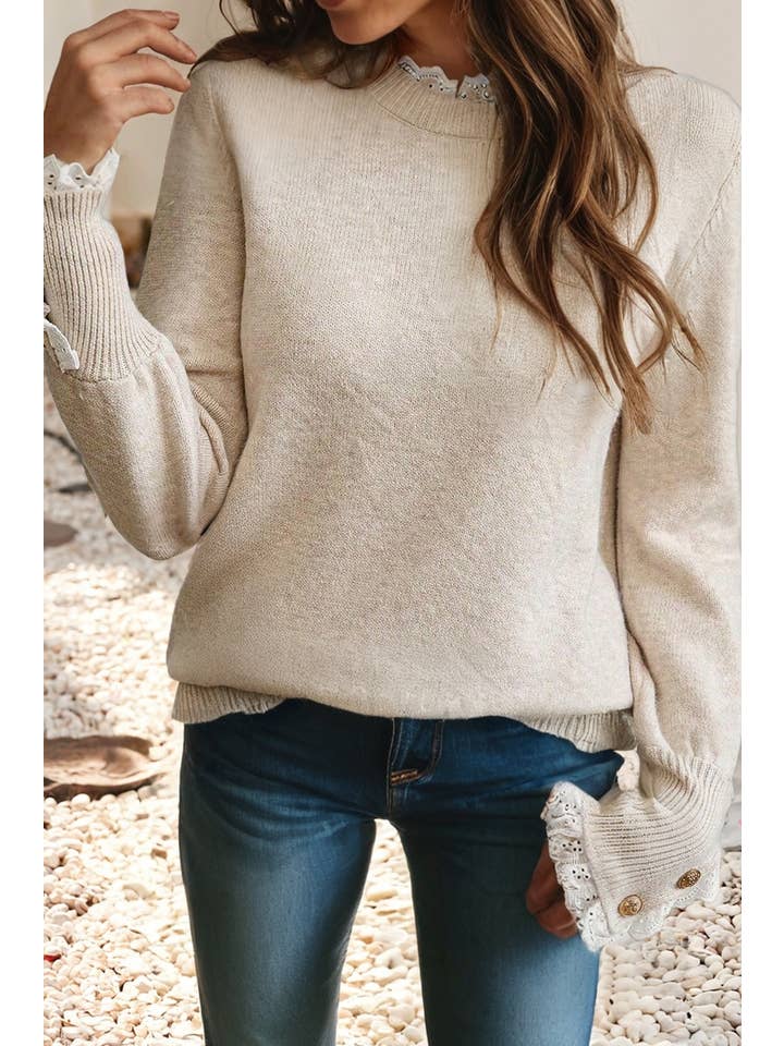 Little Daisy Closet - Wholesale Knit Sweater - Women's - LDC Lace Trim Patchwork Buttoned Cuffs Loose Sweater8