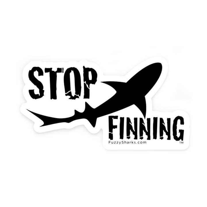 Large Stop Shark Finning Sticker Black & White Die Cut: 5” x for wholesale by Fuzzy Sharks