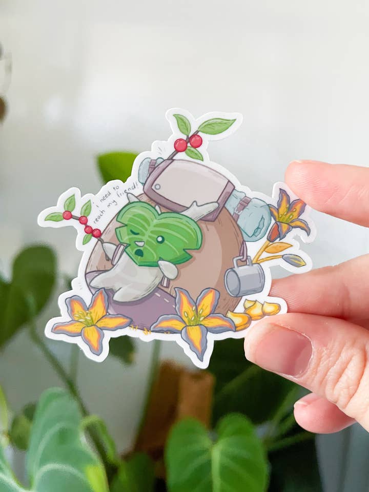 Korok with a Backpack Vinyl Waterproof Die Cut Sticker for wholesale by Sarah May Arts