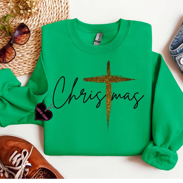 Lauras Closet - Wholesale Graphic Sweatshirt - Women's - Christmas with Gold Cross