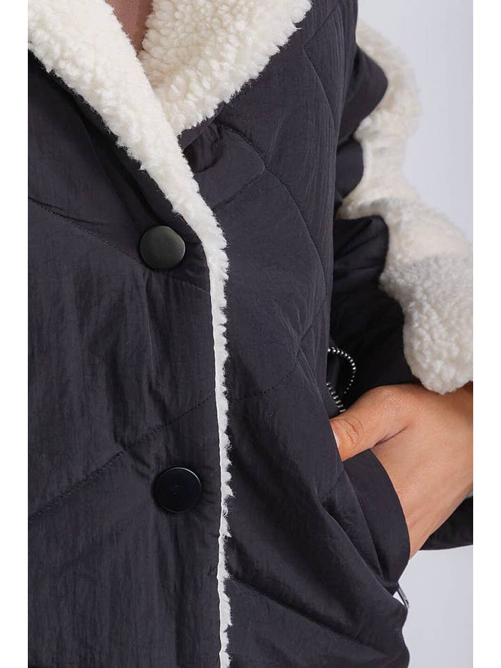 BLACK WHITE SHERPA CONTRAST POCKET FRONT JACKET for wholesale on Faire4