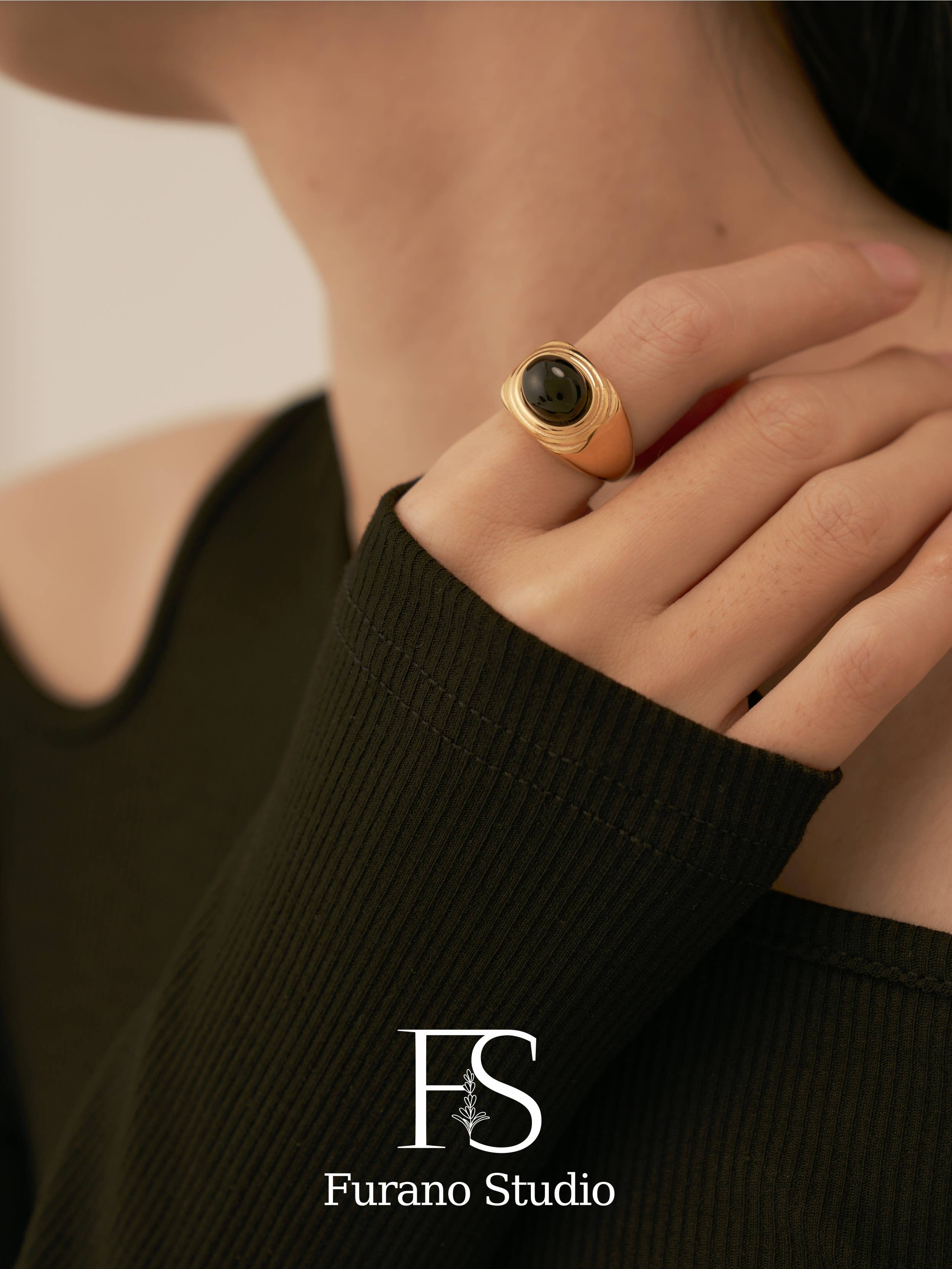 Furano Studio - Wholesale Signet Ring - Black Onyx Square Signet Ring, Non Tarnish Gold Ring6