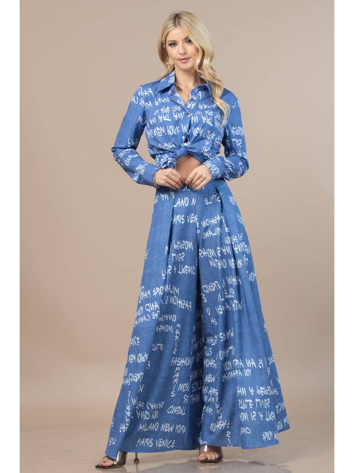 Blue P919-5174-Milano Graffiti Print Wide Leg Palazzo Pants for wholesale on Faire
