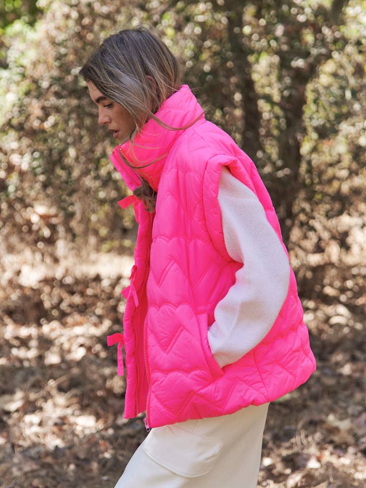 Hot Pink Heart Quilt Stitch Bow Details Zipper Puffer Vest for wholesale on Faire
