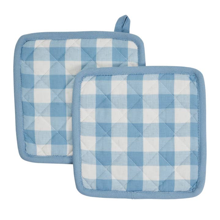 VHC Brands - Wholesale Oven Mitt/Pot Holder - Annie Buffalo Check Blue Pot Holder Set of 2 8x8