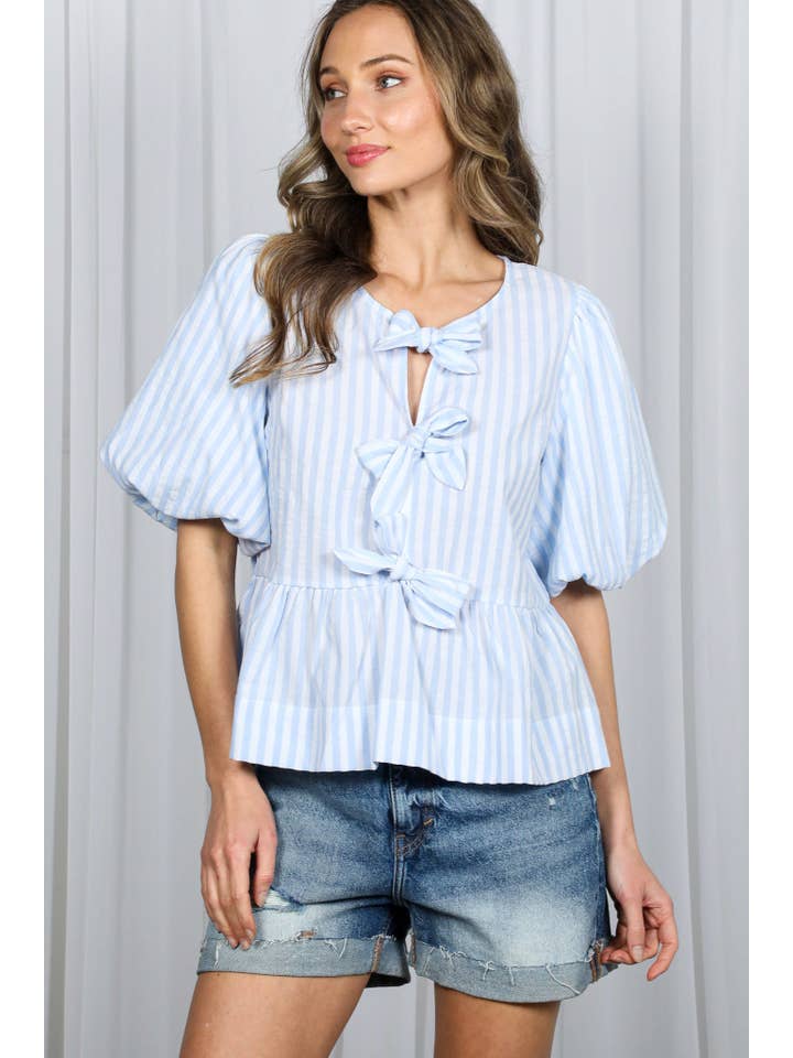 Vine & Love - Wholesale Blouse - Women's - 1/3 Open Tie Front Striped Puff Sleeve Blouse Top VT82682