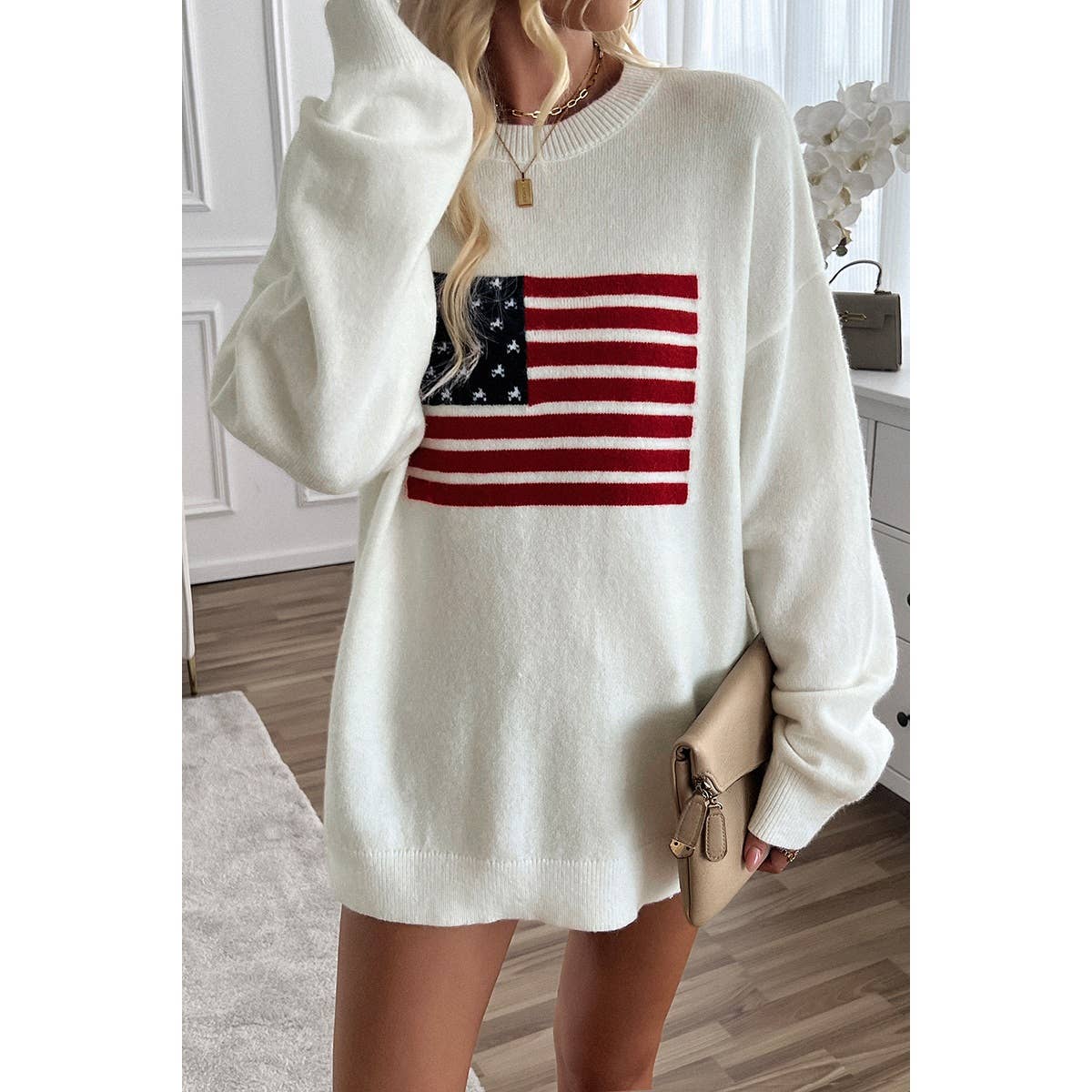 Supreme Fashion – wholesale Knitted jumper – Women′s – Knit Round Neck Flag Print Loose Fit Sweater12