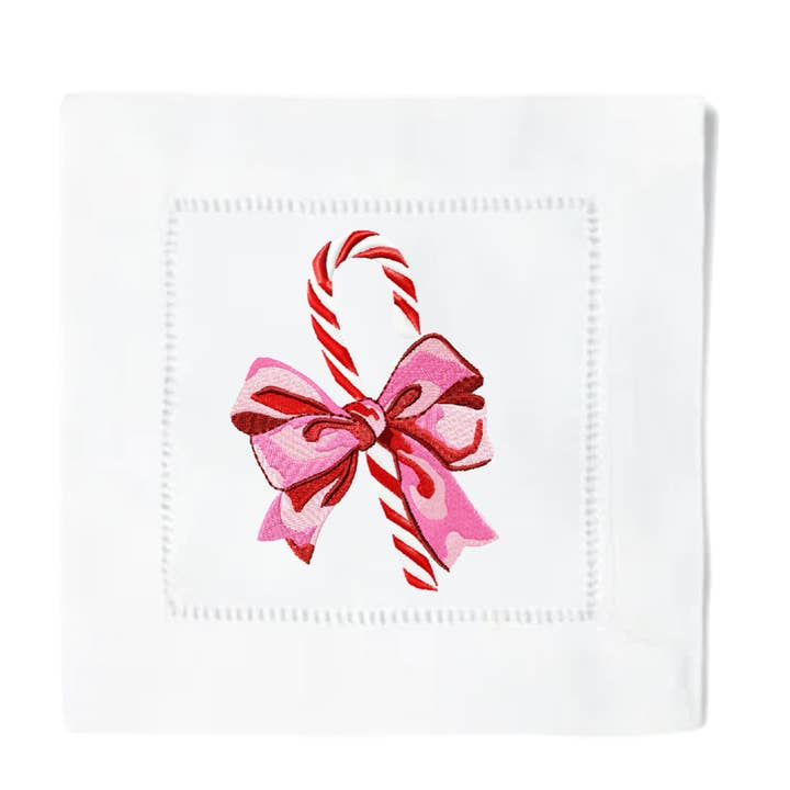 Serviettes à cocktail Candy Cane Bow pour la vente par Blythe Embroidery Co.