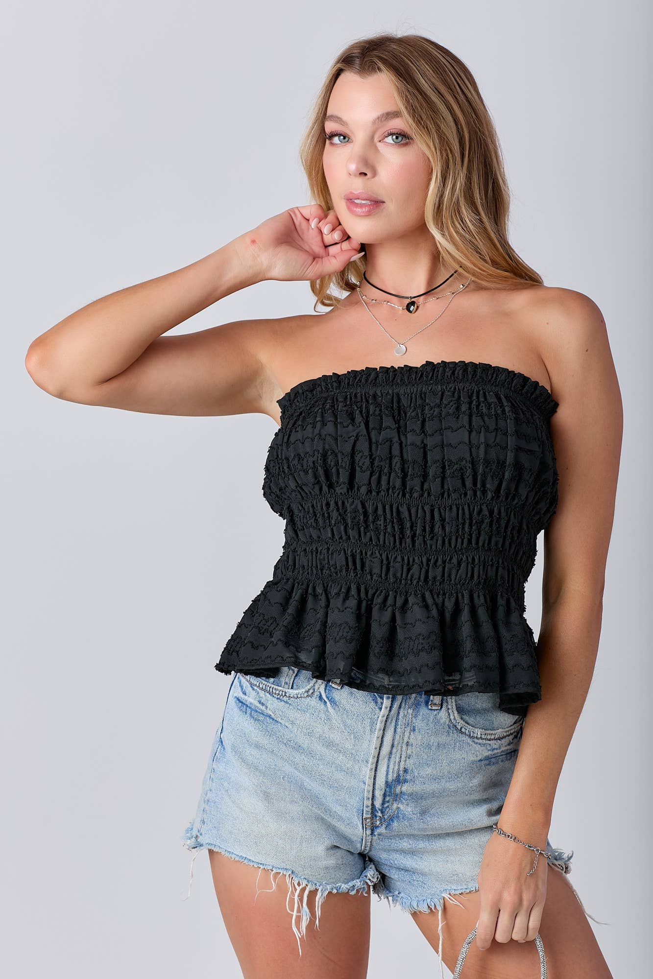 BABY PINK - Venta al por mayor Jersey corto de punto - Mujer - Top de tubo fruncido con volantes sin tirantes12