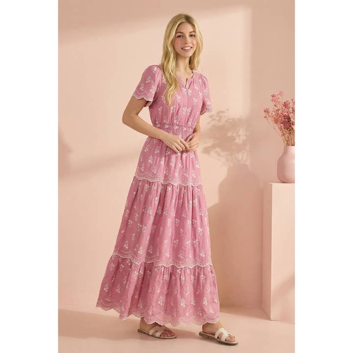 Maxi Dress with White Floral embroidery, Smocked waistband for wholesale by LIME N CHILI