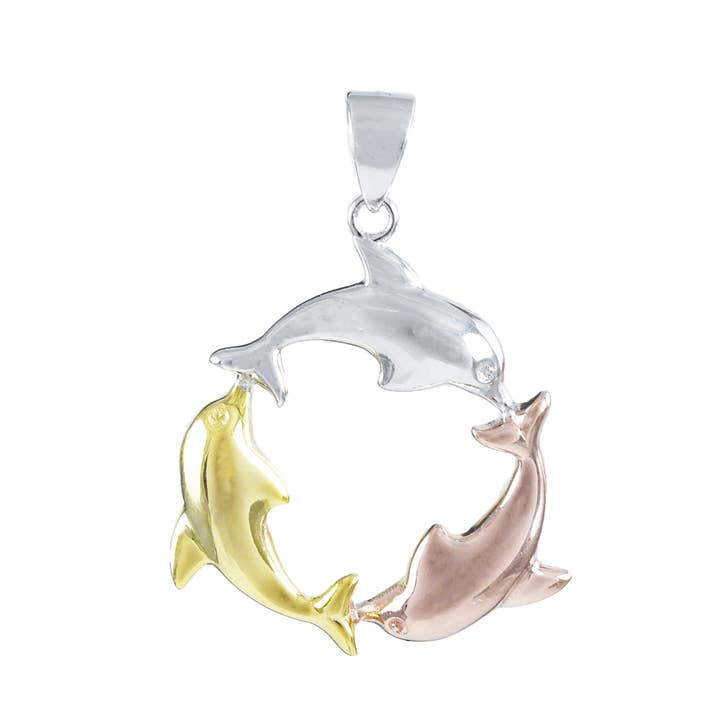 Paradise Treasures Jewelry - Wholesale Individual Charm/Pendant - Hawaiian Tri-color 3 Dolphin Pendant, Sterling Silver 3-Tone Dolphin Charm Pendant, Christmas Anniversary Birthday Mom Gift2