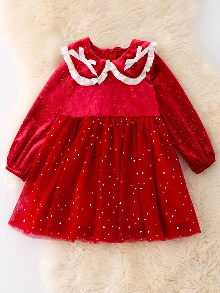 DRG42234 AMY: Shimmery red dress with fancy velvety fabric. for wholesale by Kids Charm Online