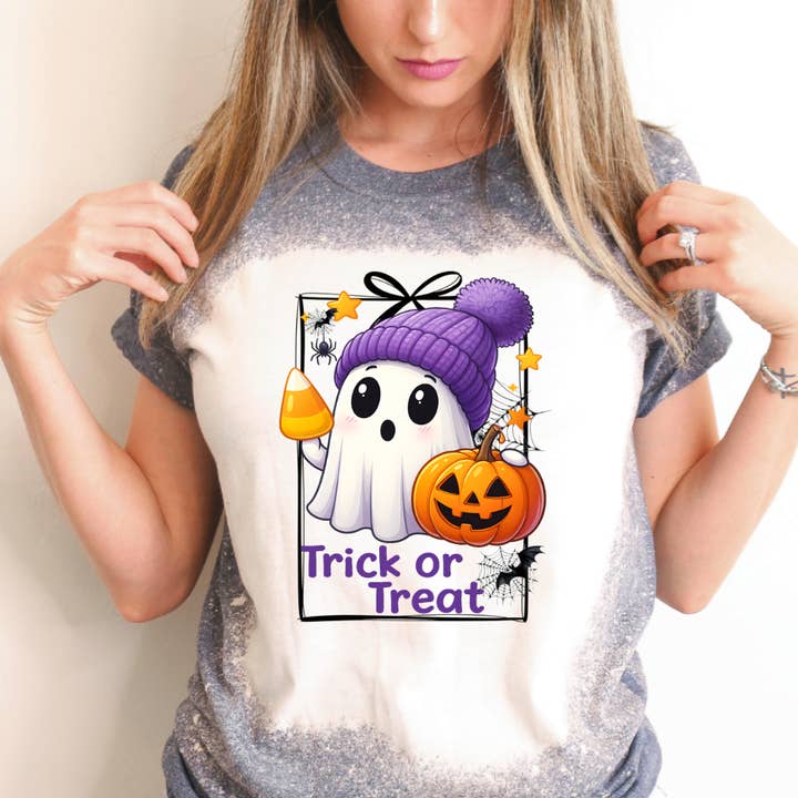 Trick Or Treat Bleached Halloween Tee for wholesale by Hello Gorgeous Apparel