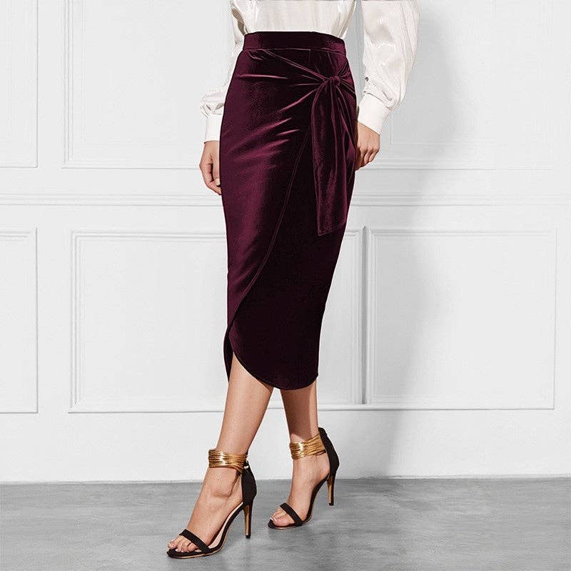 Burgundy Solid Twist Split Velvet Skirt for wholesale on Faire1