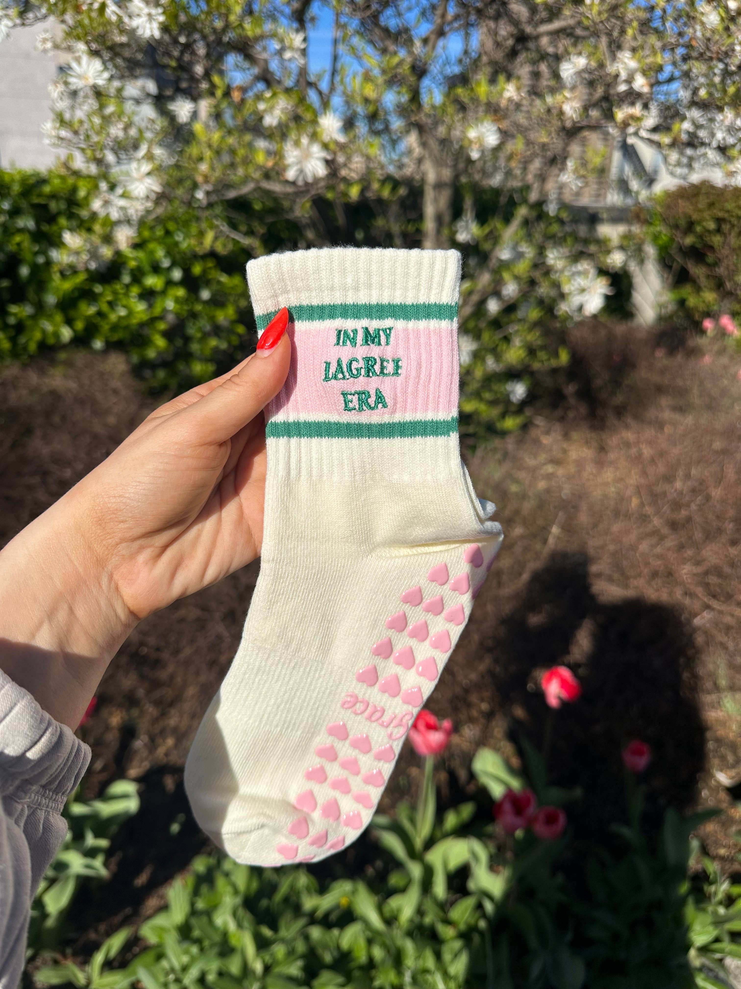MollyGraceGripSocks - Wholesale Socks - Women's - In my Lagree era grip sock retro pink & green3