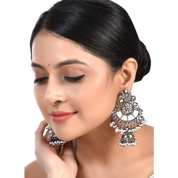 Vastrabhushan - Wholesale Dangle Earrings - Oxidised Silver Chandbali Jhumka Earrings with Pearls1