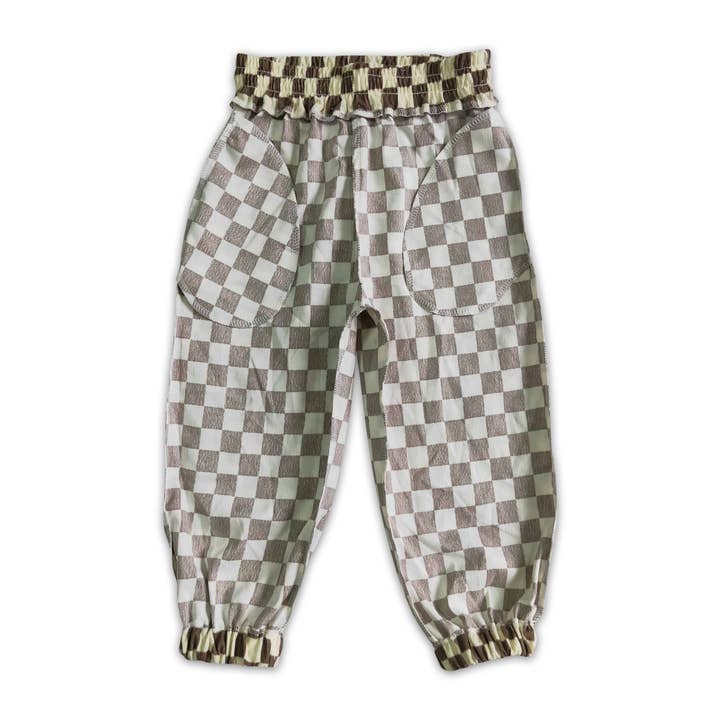 Yawoo Garments - Wholesale Pants - Kids - Khaki plaid functional drawstring pocket kids cotton pants