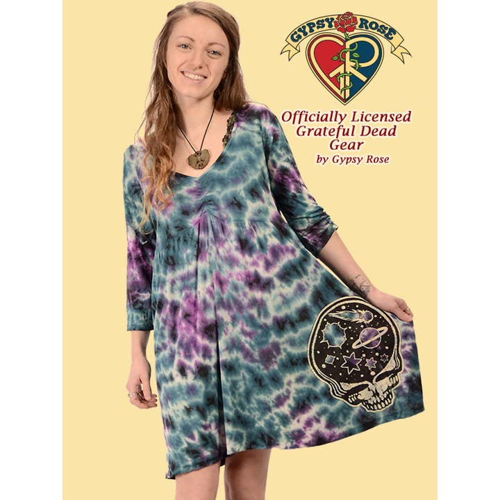 Grateful Dead Stealie The Night Away Tye Dye Babydoll Dress for wholesale by Gypsy Rose
