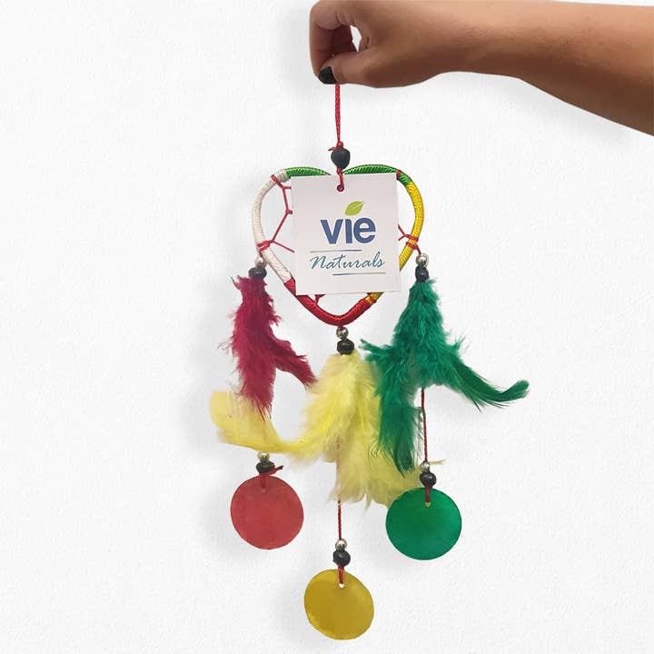 Heart Dream Catcher, Feathers & Capiz, 6cm, Rasta for wholesale by VIE