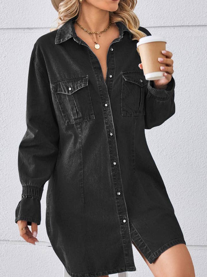 Lily Clothing - Wholesale Dress - Women's - BELL SLEEVE LOOSE CARDIGAN DENIM SHIRT DRESS_CWDSD25764