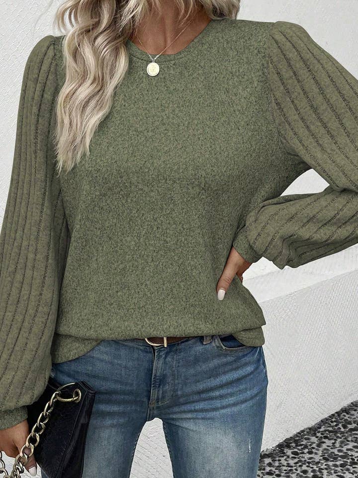 Jungle Green Contrast Ribbed Bishop Sleeve Top for wholesale on Faire