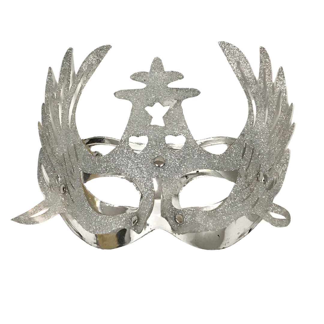 Plush Appeal LLC - Wholesale Costume - Unisex - Shiny Silver Masquerade Mask with Attached Silver Glittered Accent and Ribbon Tie (Each)0