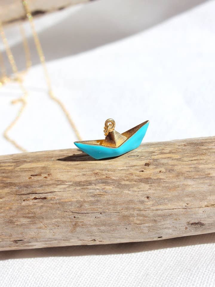 14K Gold Plated Paper Boat Necklace, Sterling Silver Blue Enamel Origami Ship Pendant, Dainty Nautical Maritime Necklace, Sea Lovers Gift for wholesale by Pharos Jewellery