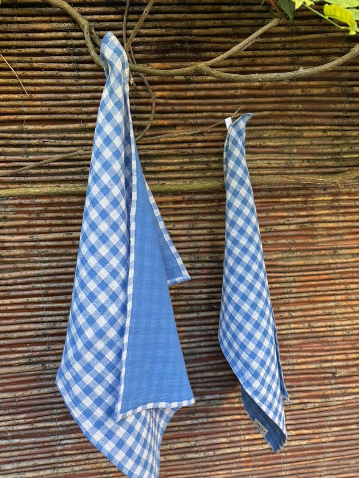 Set of 2 vichy azure blue double gauze hand towels made in France for wholesale by CHARMY