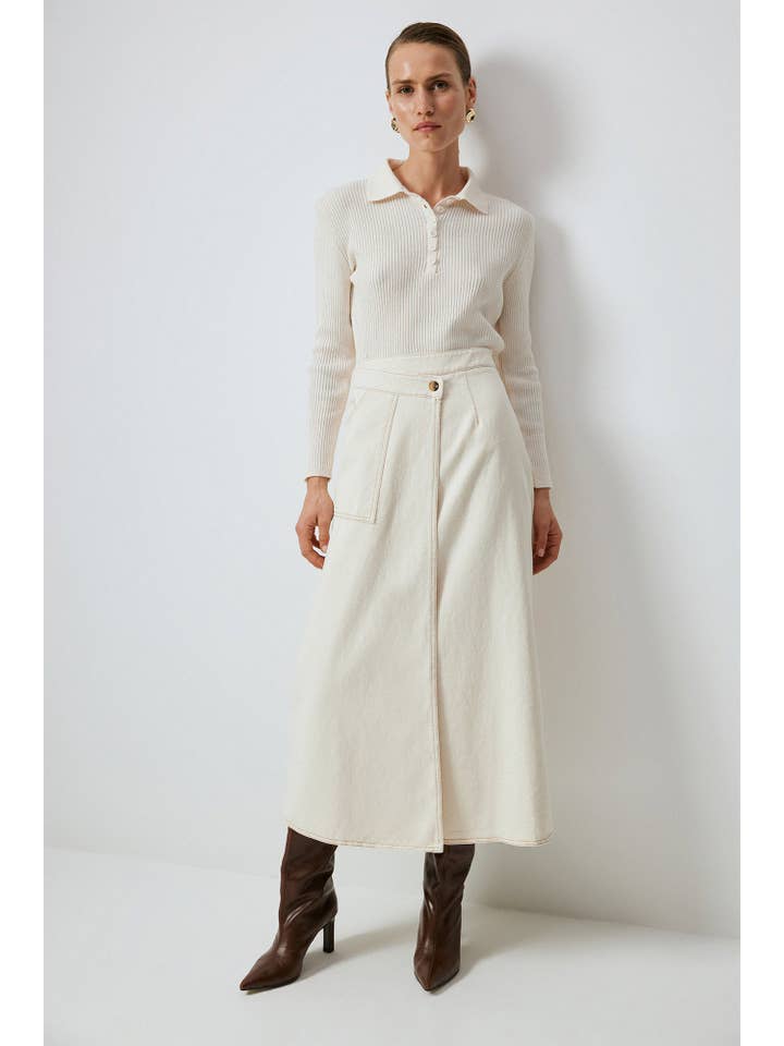 Cream DOUBLE BREASTED NATURAL DENIM SKIRT - A LINE, HIGH WAIS for wholesale on Faire