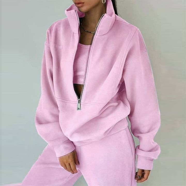 UZ Wholesale Store - Wholesale Lounge Set - Women's - Solid Color Half Zip Hoodie And Jogger Set