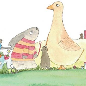 Grußkarte „Bunnies New Blue Cart“ für den Großhandel von Elle Bee Art Studio