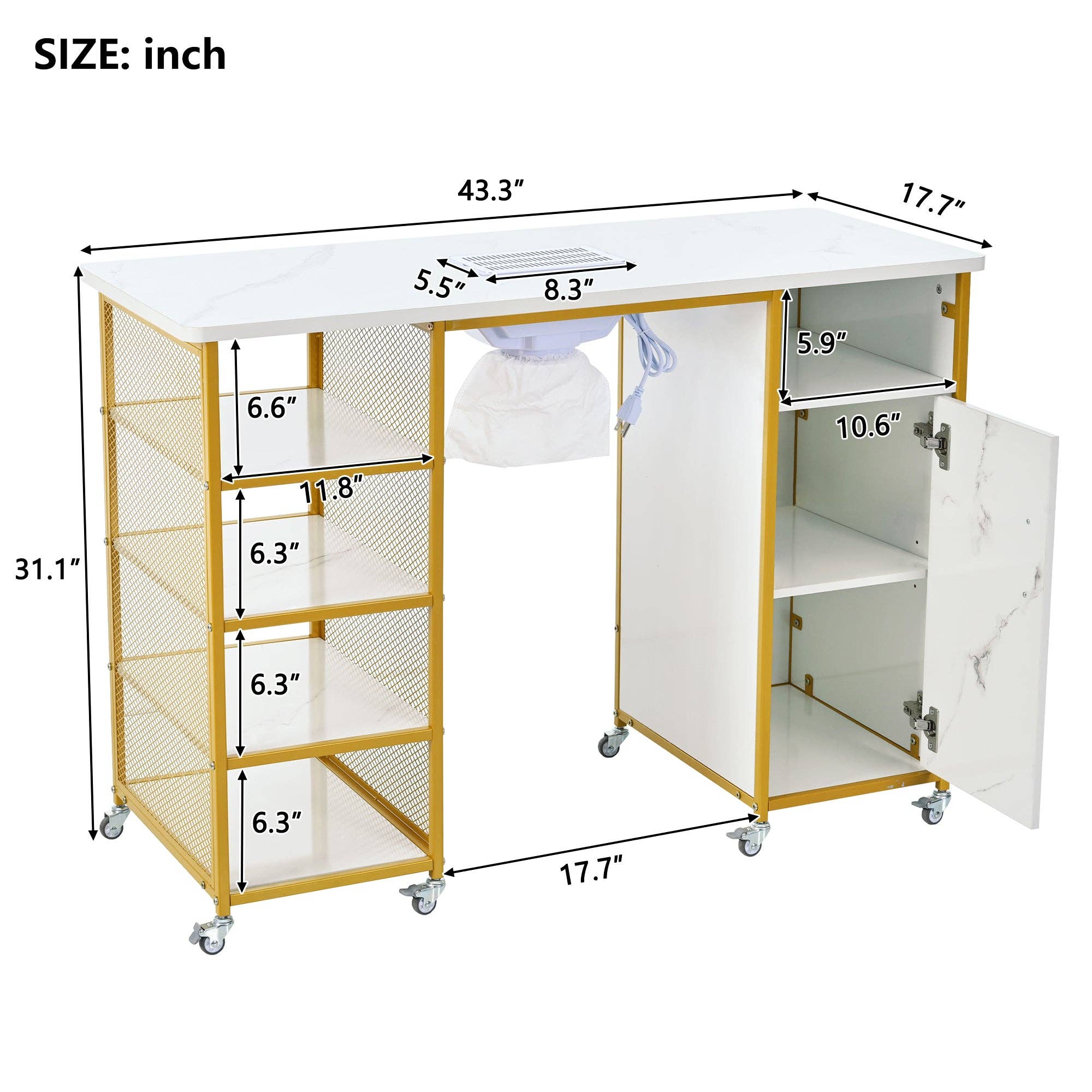 Orange County Decor - Wholesale Cabinet - Manicure Table, Marbling Texture Nail Table With Electric Downdraft Vent,Wrist Cushion, Lockable Wheels, Storage Layers & Cabinet,White Gold White Modern Mdf Mdf Metal7