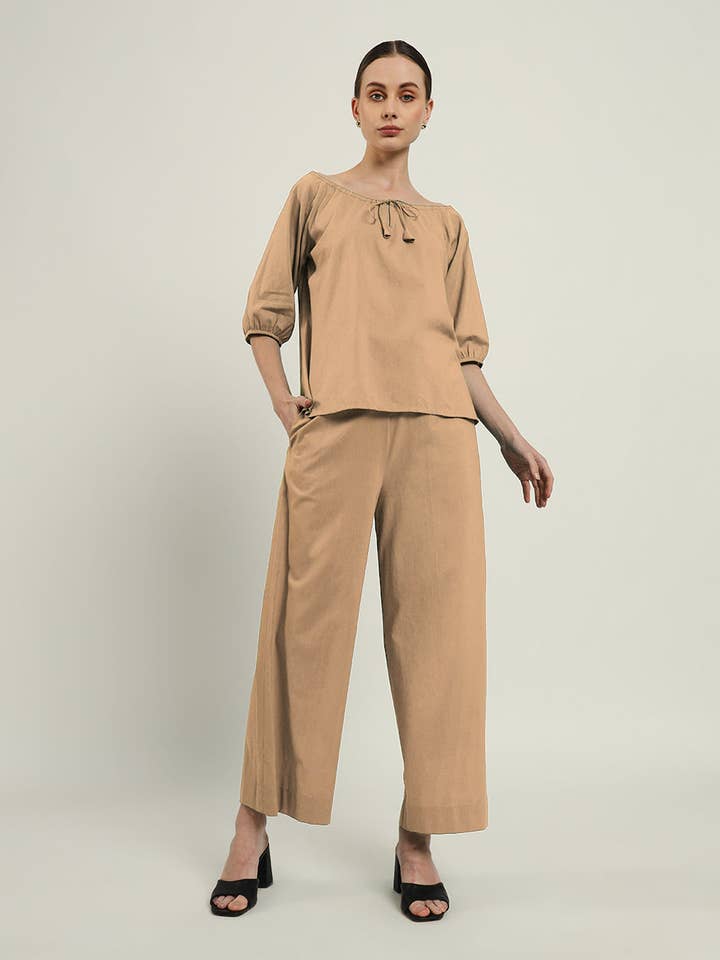 Pants Matching Set-Beige Effortless BowtNeck for wholesale by Thevasa