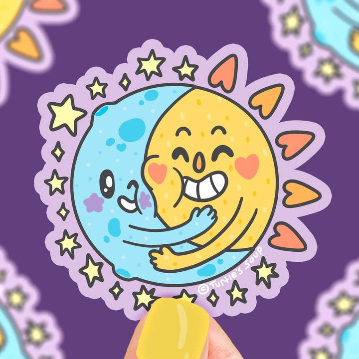 Moon and Sun Hugs Astronomy Celestial Laptop-Aufkleber aus Vinyl für den Großhandel von Turtle's Soup