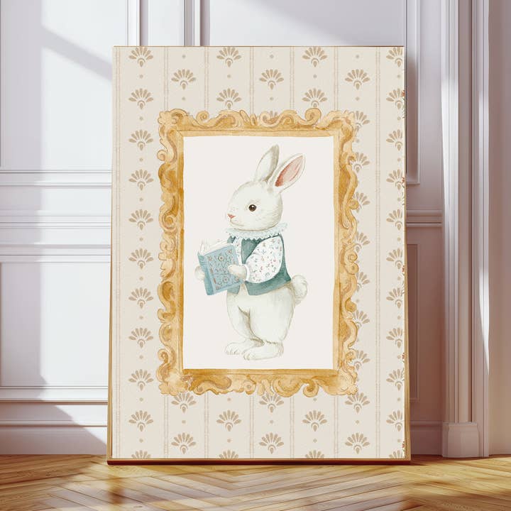 Vintage Rabbit Reading Nursery Art Print for wholesale by Kumo Art Prints