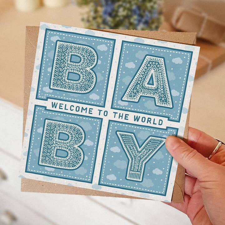 Jess A Little Creative - Wholesale Baby Card - Welcome To The World Baby Blue Typographic New Baby Card