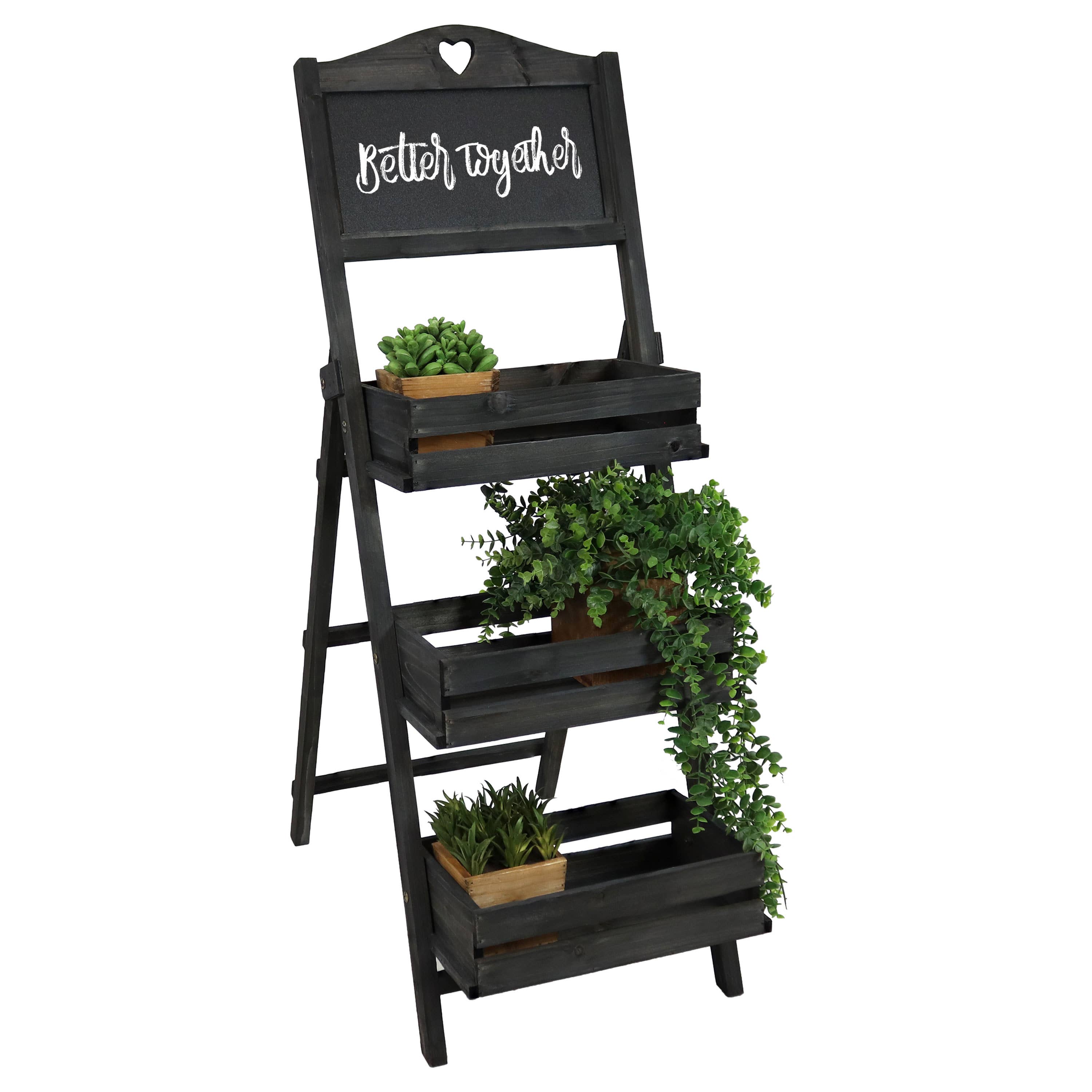 Sunnydaze Decor - Wholesale Plant Pot Stand - Country Heart Ladder Plant Stand with Chalkboard - Black1