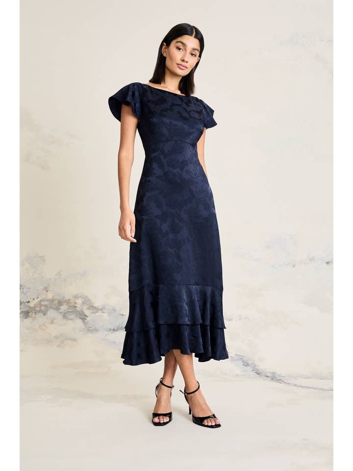 NAVY BLAZER Arriving RUFFLE SLEEVE AND HEM JACQUARD MIDI for wholesale on Faire4