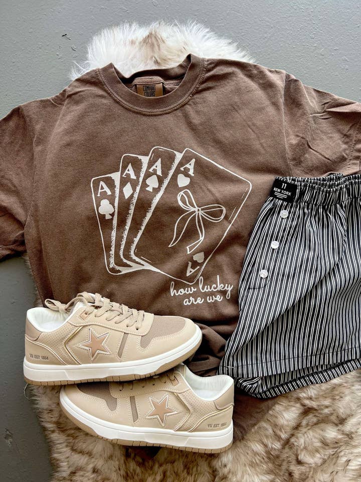 ESPRESSO WITH TAN DESIGN How Lucky Are We Coquette Cards DTF Tee for wholesale on Faire
