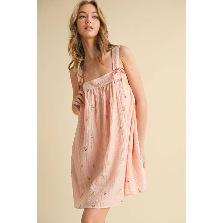 BABY PINK FLORAL EMBROIDERED TIE-SHOULDER SUNDRESS for wholesale on Faire