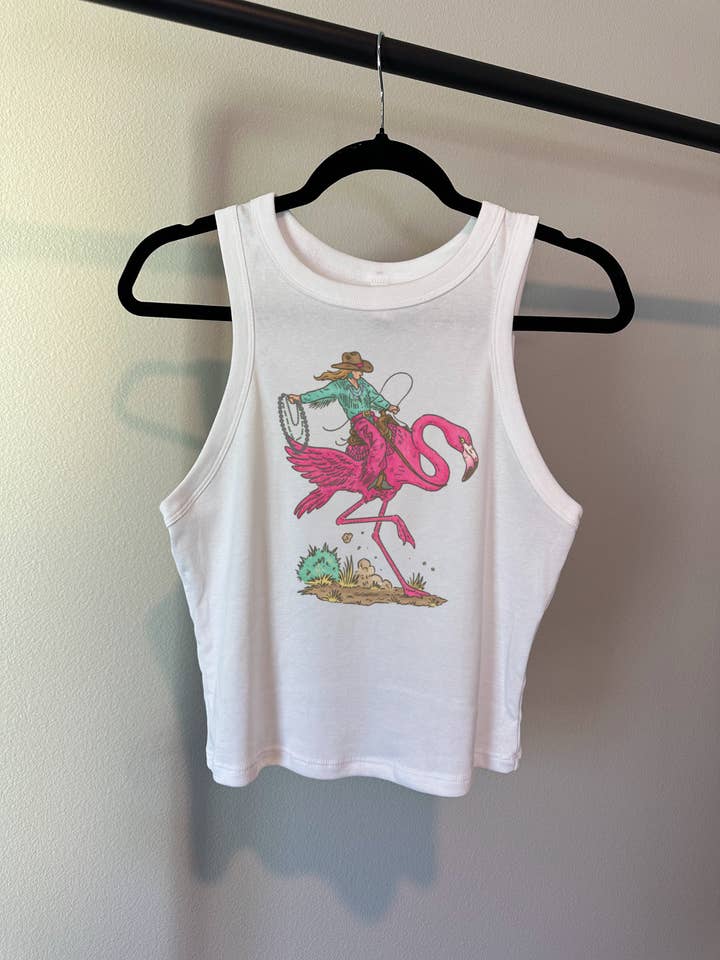 Cowgirl Flamingo Cropped Tank for wholesale by Gunpowder and Glam Boutique