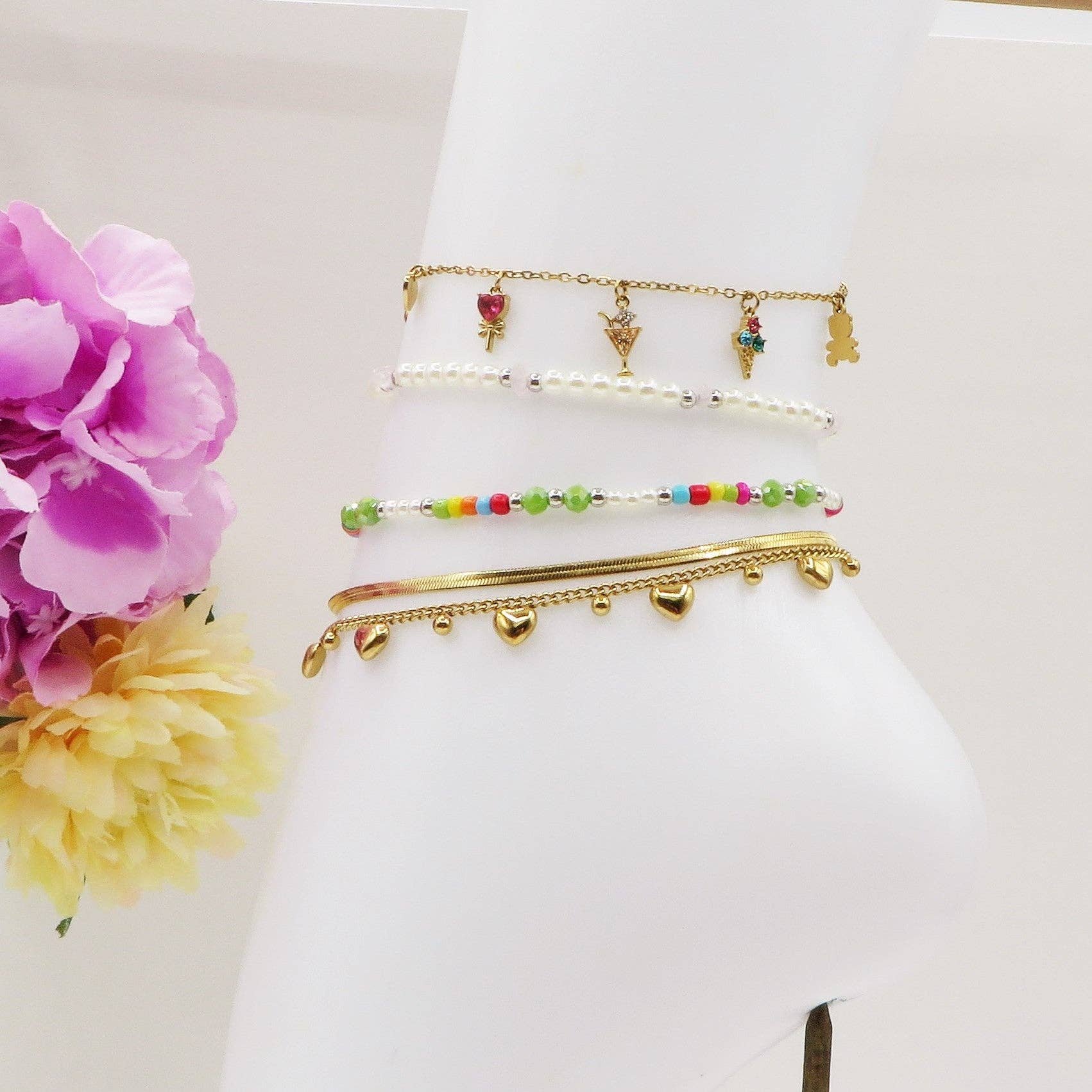 Daemon srls - Wholesale Beaded Bracelet - KERALA ~ Cavigliera rainbow perle + perline cristallo + ACCIAIO INOSSIDABILE1