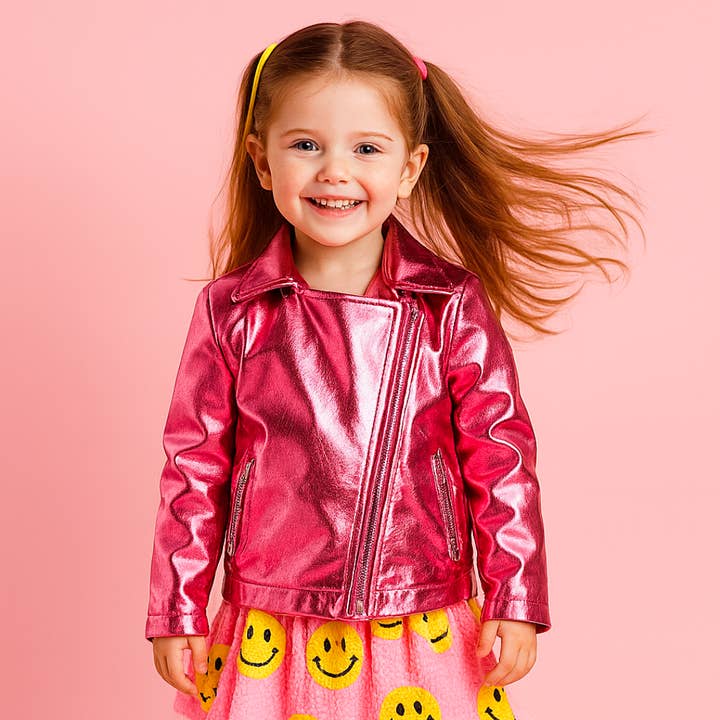 Pink Metallic Faux Leather with Black Patch Star Jacket for wholesale by Rebelde Planet