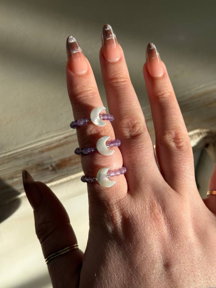 Amethyst Pearl Moon Stretch Beaded Ring for wholesale by Sapphire & Sage