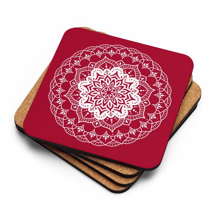 Mandala in Red Cork-back coaster for wholesale by The Shamal