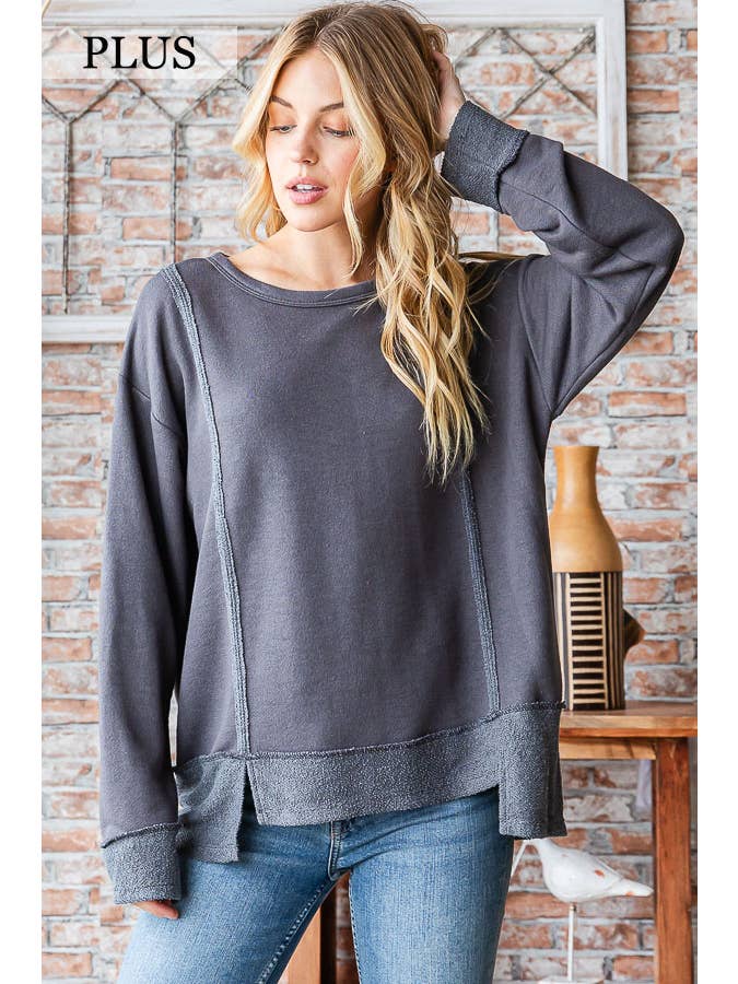 7th Ray - Wholesale Knit Top - Women's - Cotton Blend Raw Edge Hi Low Long Sleeve Top T5276XL