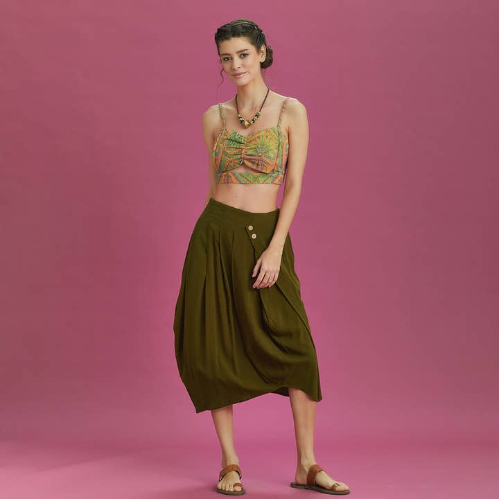 Kaki midirok met knoopsluiting en overslag aan de voorkant voor wholesale door Los Banditos