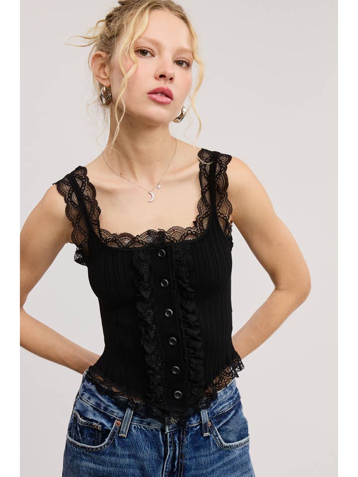 Mimosa - Wholesale Tank Top - Women's - Scalloped Lace Trim Corset-Bodice Knit Tank Top10