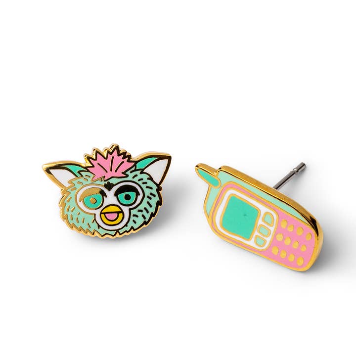 Furby 90s Cell Phone Earrings - Gold Vintage Statement Studs for wholesale by Yellow Owl Workshop