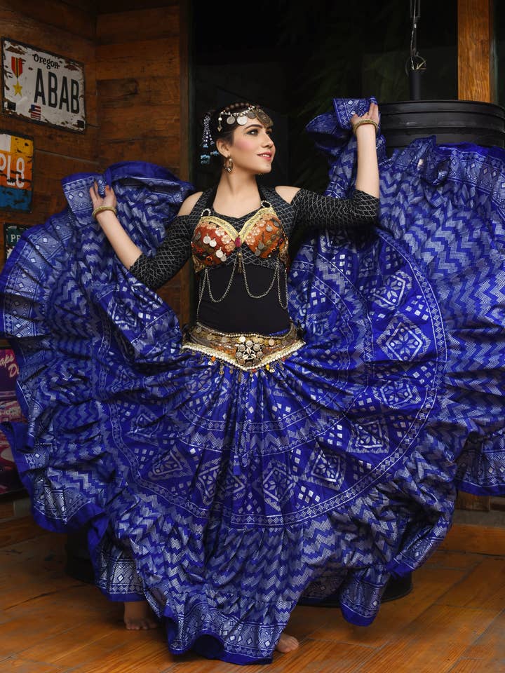 Assuit Rok met blokprint blauw/zilver in polyester voor wholesale door Senoritas Tribal Designs